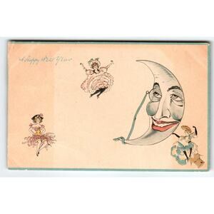 Anthropomorphic Crescent Moon Man Fantasy Postcard Girls New Years 1910 Ser 570